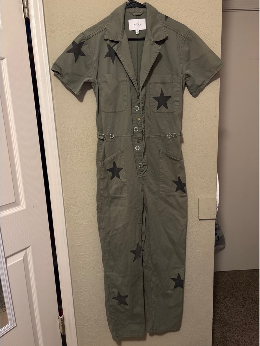 Pistola Olive Green Star Print Short Sleeve Jumpsuit - Size S
